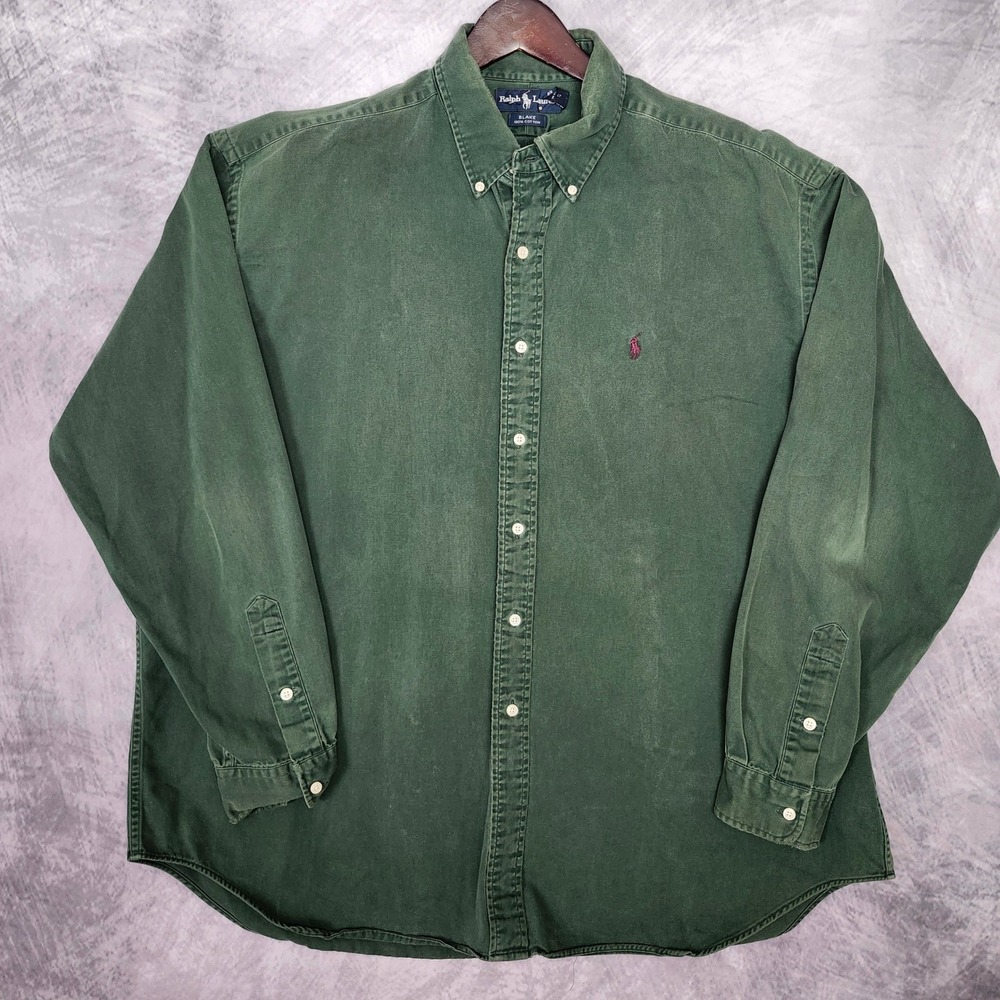 Vintage 90s Ralph Lauren Blake Shirt Mens XXL Green Cotton Twill Button Down LT